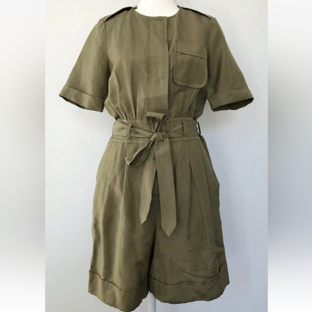 MARC JACOBS Olive Khaki Silk Linen Romper Jumpsuit Belted Cargo Safari Size 2